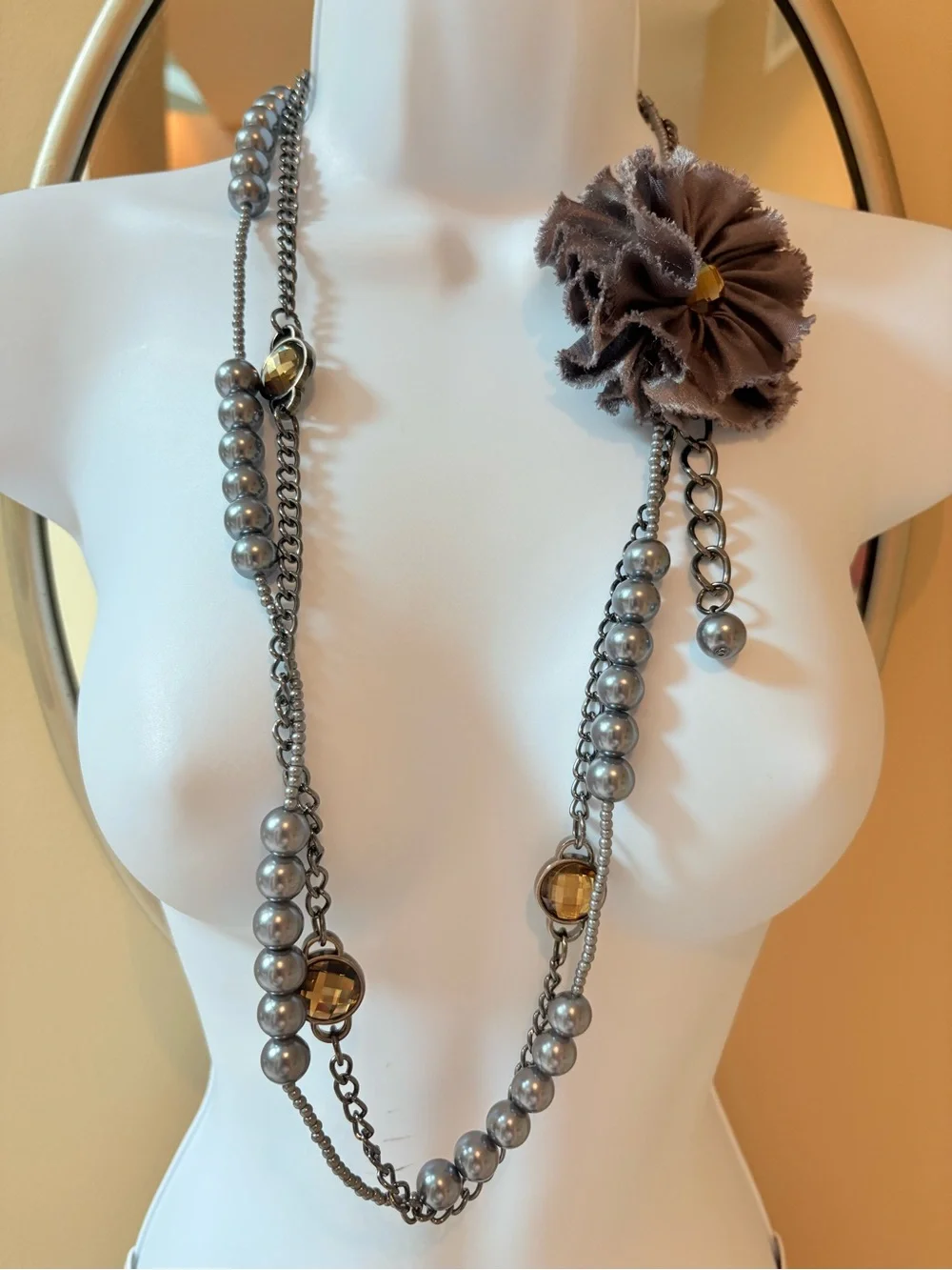 Belt or Necklace Floral Accent Multi-Strand Silver Pearls Amber Crystals Fabric
